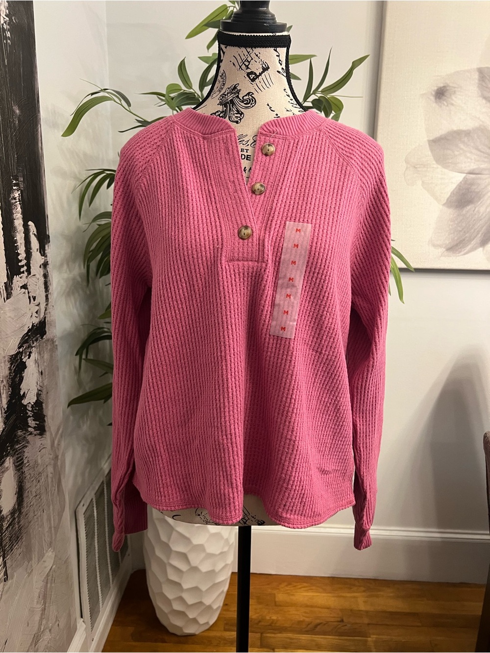 Old Navy Pink Waffle Henley Plush Tee